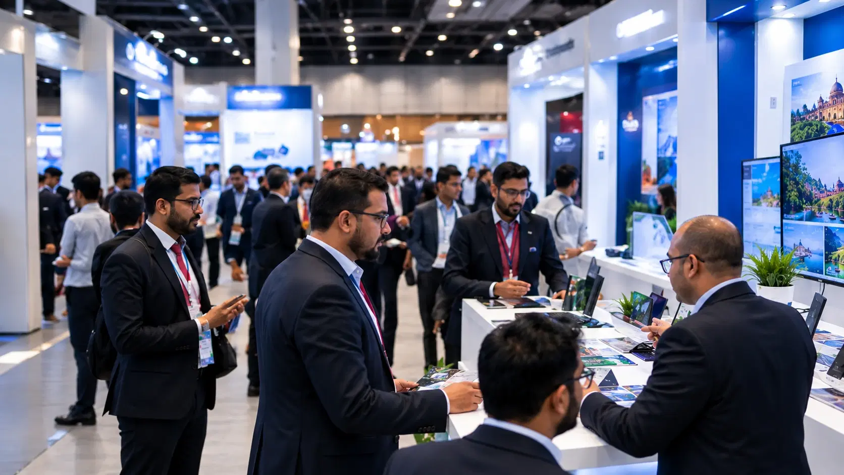 Illustrative visitors exploring tourism exhibition booths and travel services