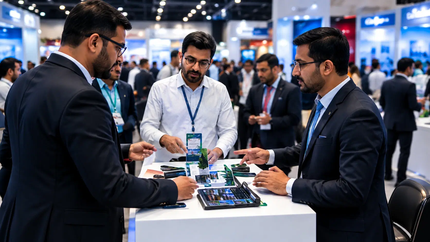 Illustrative travel professionals exchanging ideas and exploring tourism services at an expo