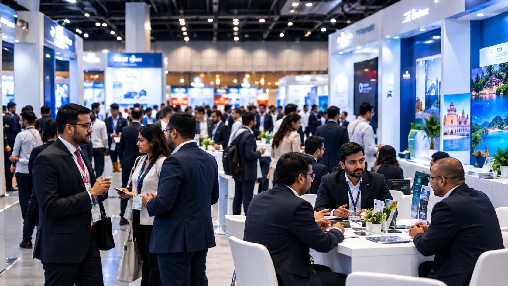 Tourism professionals presenting their business at a travel fair